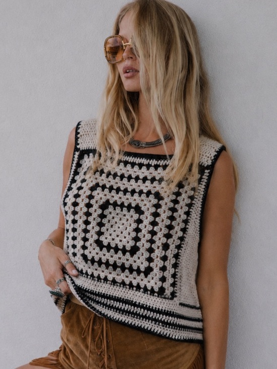 Vintage Tops - Vintage Handmade Crochet Square Tank Top - Black & Grey